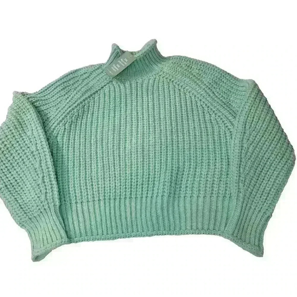 H&M Sweater Chunky Knit Womens Medium Green Mock Neck Crop - Picture 2 of 14